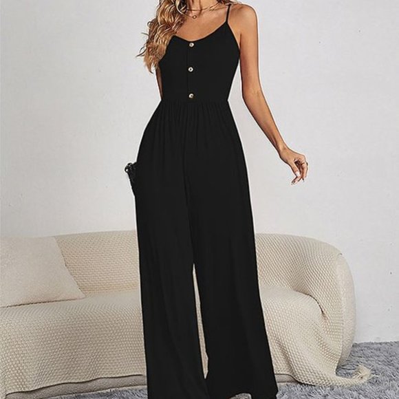Pants - Black Button-Front Sleeveless Wide-Leg Jumpsuit